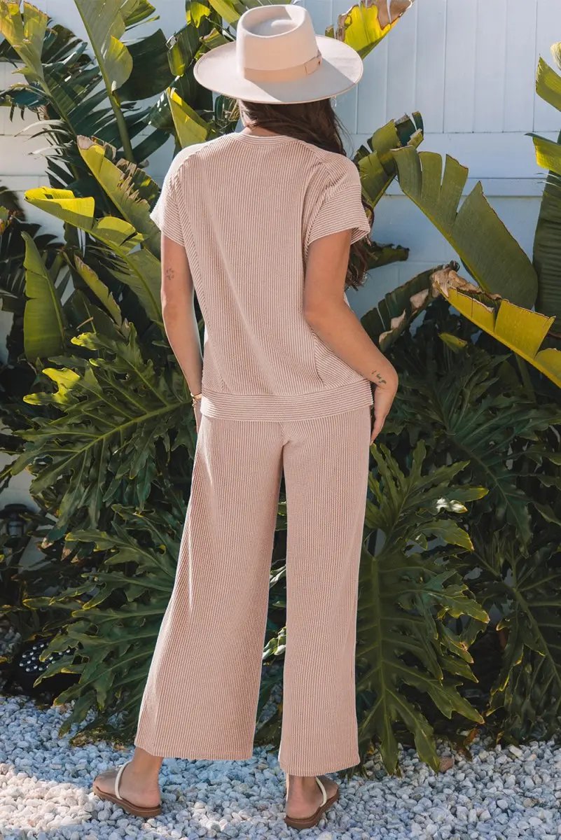 Smoke Gray Solid Corded Knit Short Sleeve T Shirt and Wide Leg Pants Set - Love Salve